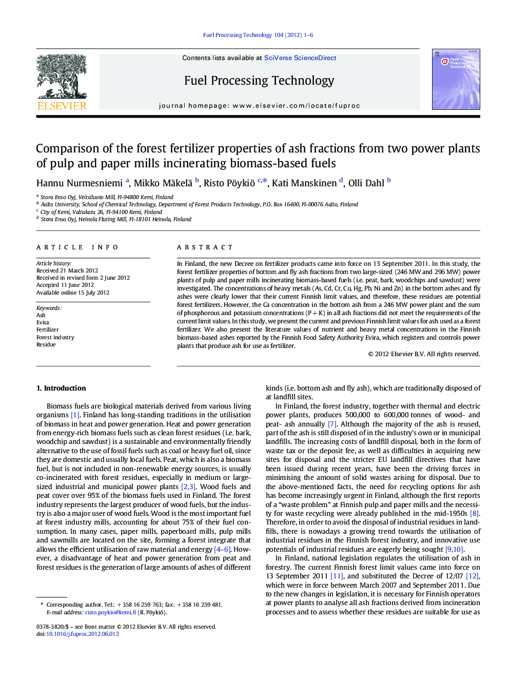 Comparison of the forest fertilizer properties of ash fractions from two power plants of pulp and paper mills incinerating biomass-based fuels