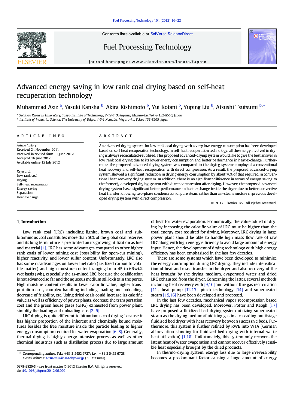 عکس صفحه اول مقاله: Advanced energy saving in low rank coal drying based on self-heat recuperation technology Advanced energy saving in low rank coal drying based on self-heat recuperation technology