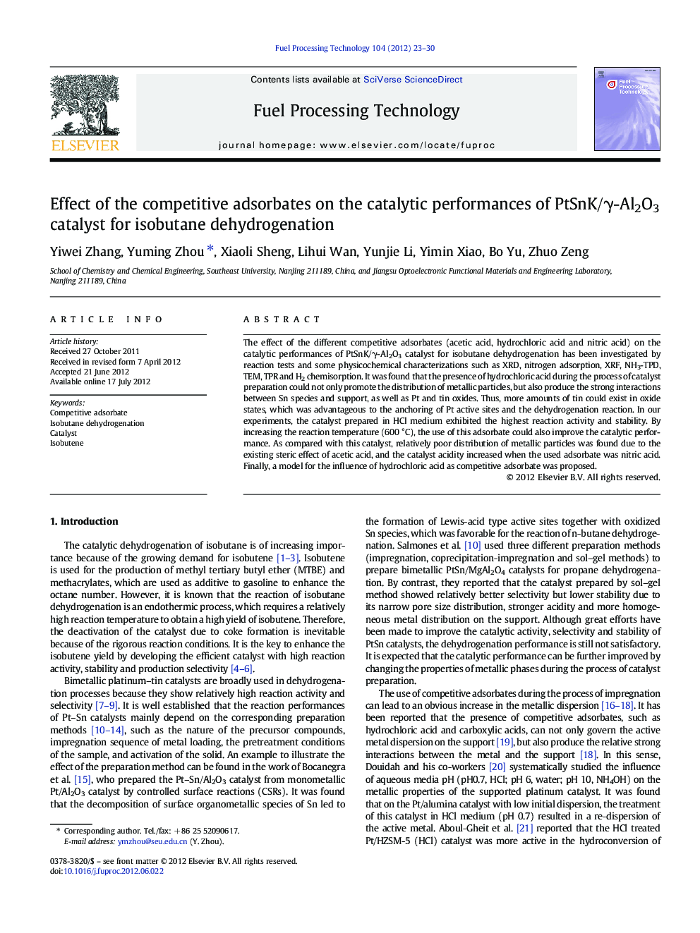 Effect of the competitive adsorbates on the catalytic performances of PtSnK/γ-Al2O3 catalyst for isobutane dehydrogenation