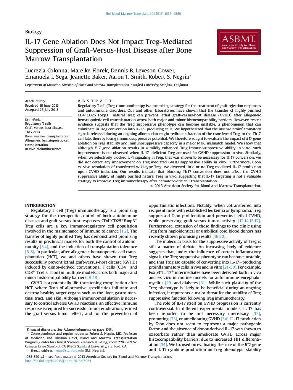 IL-17 Gene Ablation Does Not Impact Treg-Mediated Suppression of Graft-Versus-Host Disease after Bone Marrow Transplantation 