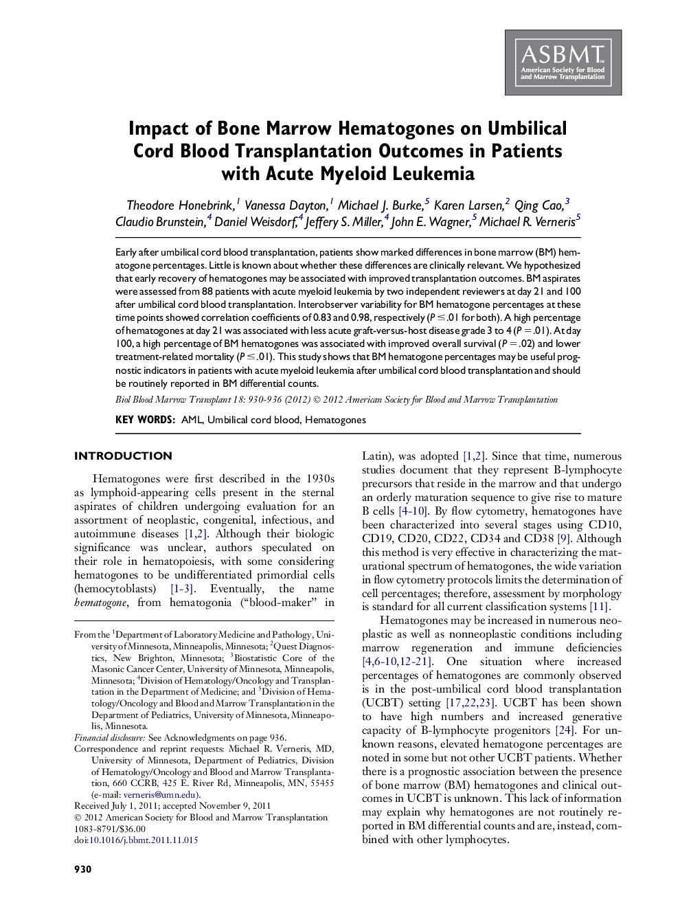 Impact of Bone Marrow Hematogones on Umbilical Cord Blood Transplantation Outcomes in Patients with Acute Myeloid Leukemia 