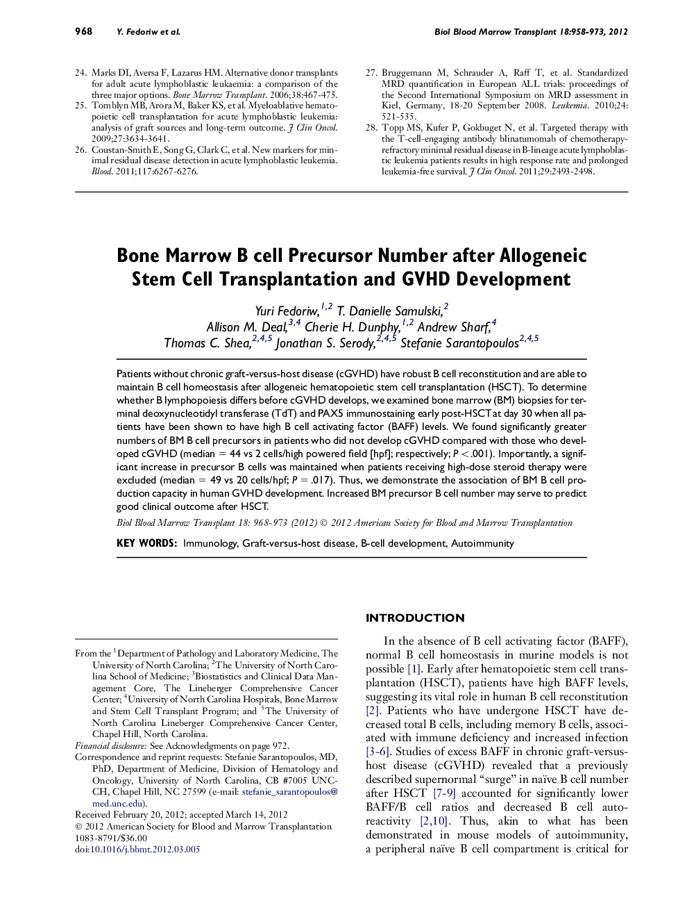 Bone Marrow B cell Precursor Number after Allogeneic Stem Cell Transplantation and GVHD Development 