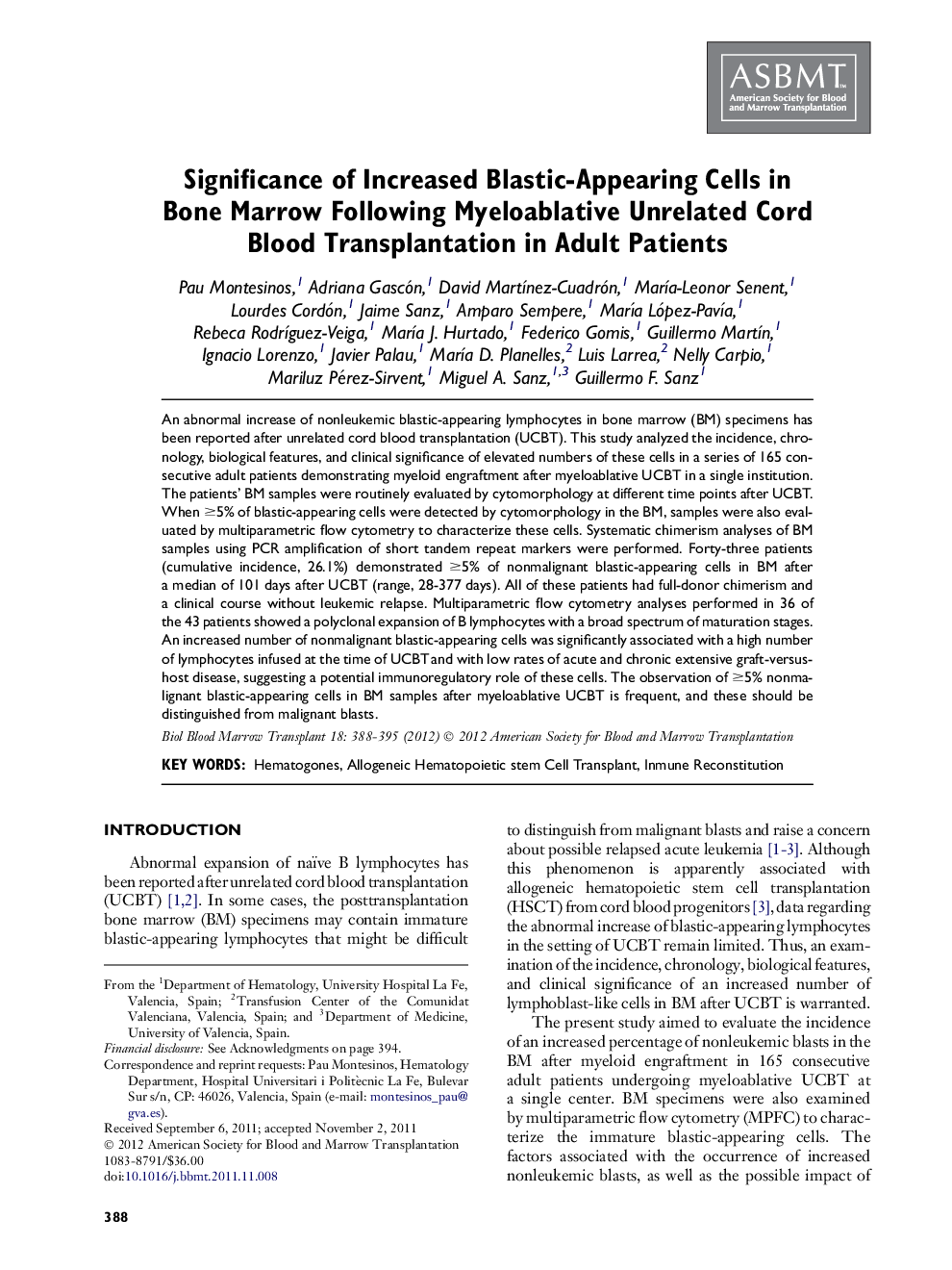 Significance of Increased Blastic-Appearing Cells in Bone Marrow Following Myeloablative Unrelated Cord Blood Transplantation in Adult Patients 