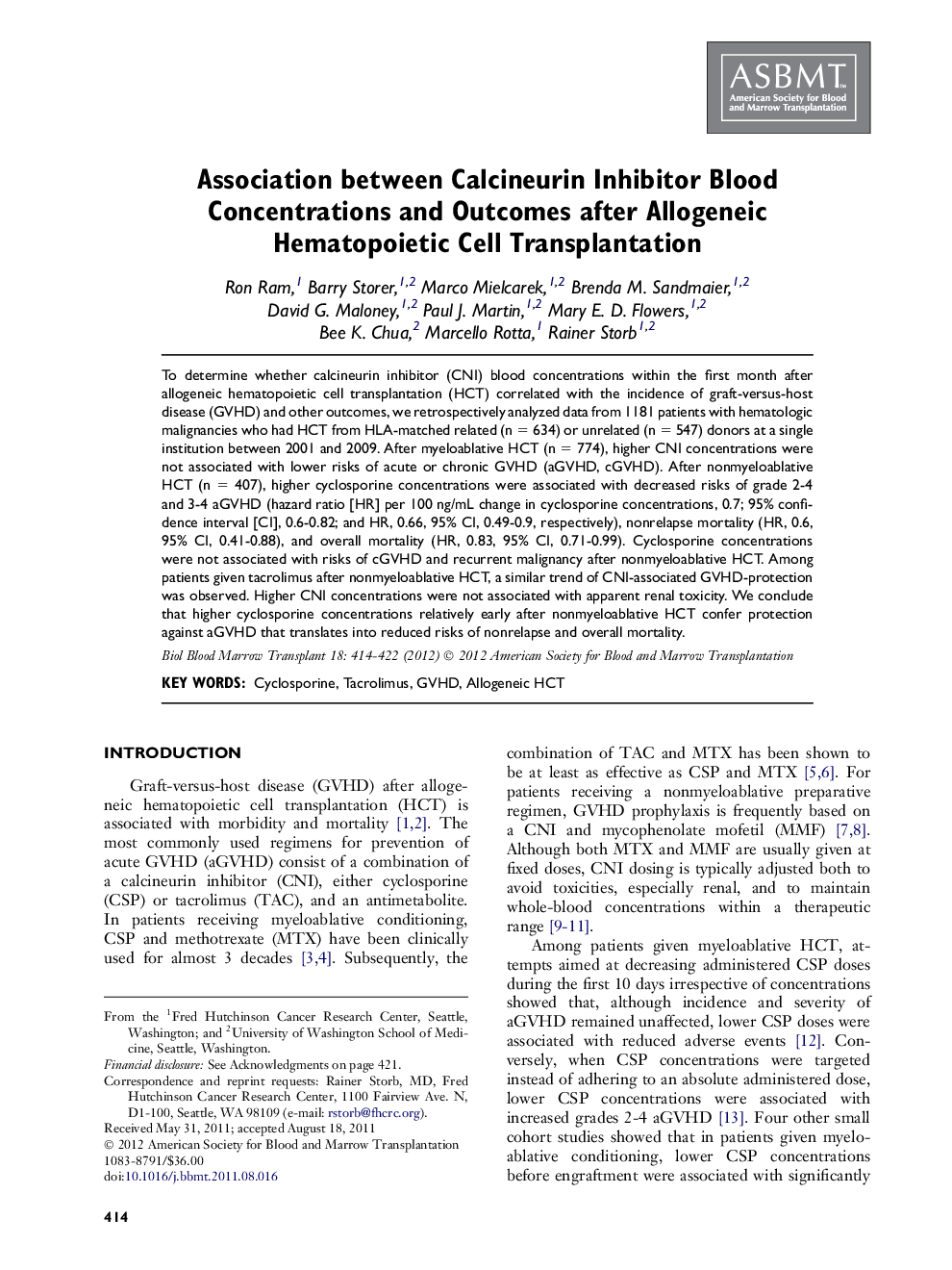 Association between Calcineurin Inhibitor Blood Concentrations and Outcomes after Allogeneic Hematopoietic Cell Transplantation 