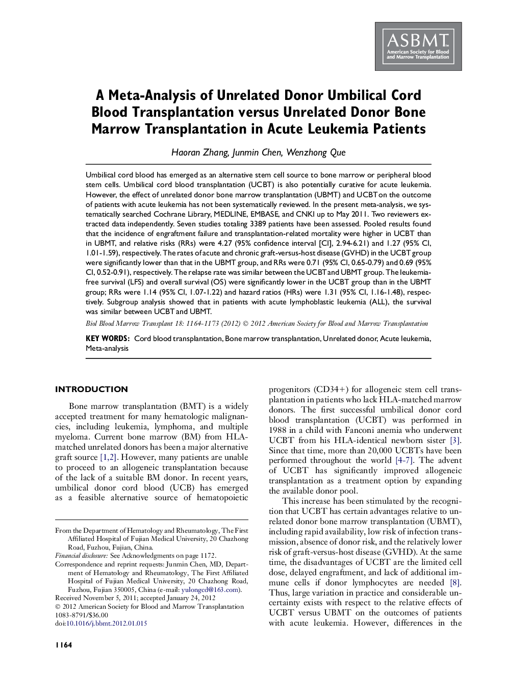 A Meta-Analysis of Unrelated Donor Umbilical Cord Blood Transplantation versus Unrelated Donor Bone Marrow Transplantation in Acute Leukemia Patients 