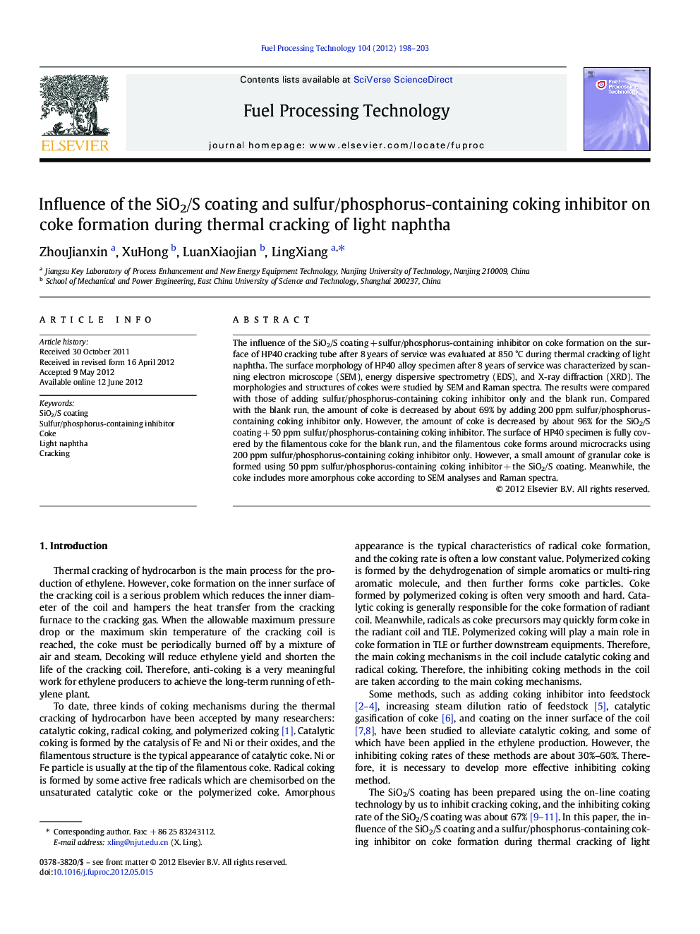 Influence of the SiO2/S coating and sulfur/phosphorus-containing coking inhibitor on coke formation during thermal cracking of light naphtha