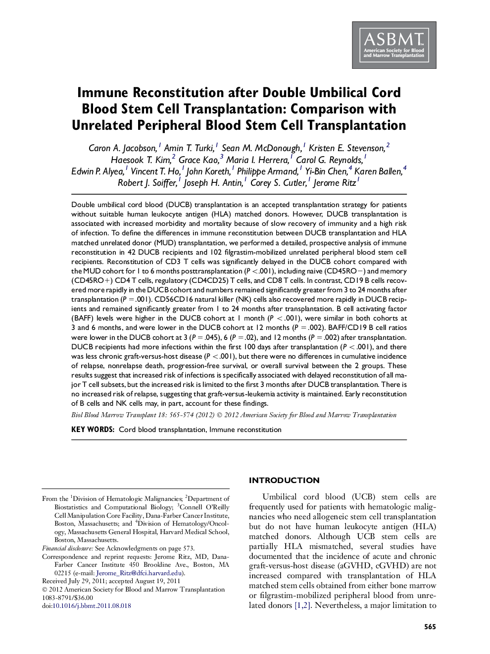 Immune Reconstitution after Double Umbilical Cord Blood Stem Cell Transplantation: Comparison with Unrelated Peripheral Blood Stem Cell Transplantation 