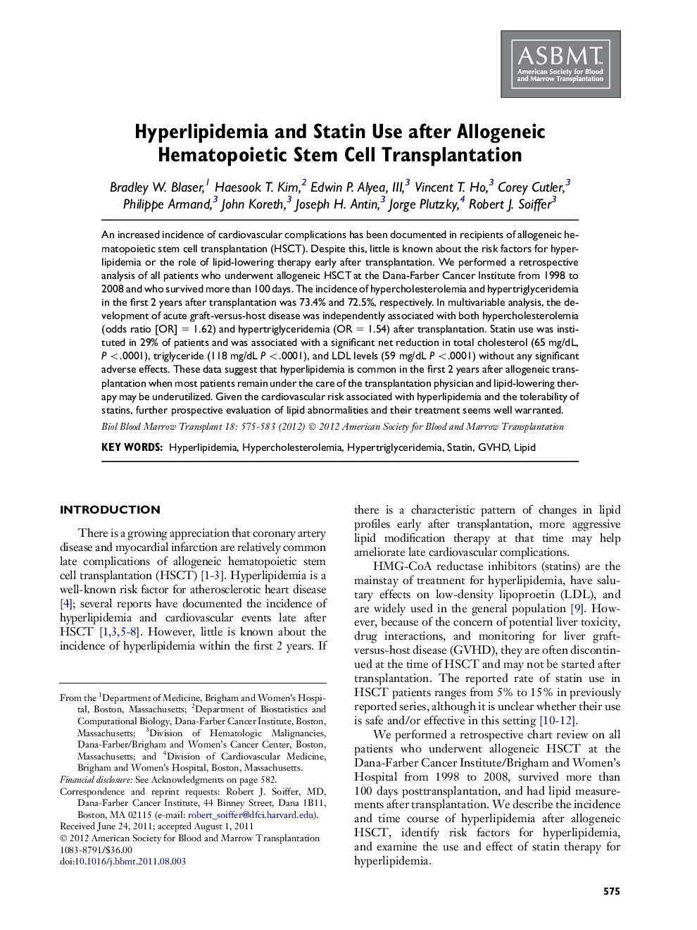 Hyperlipidemia and Statin Use after Allogeneic Hematopoietic Stem Cell Transplantation 