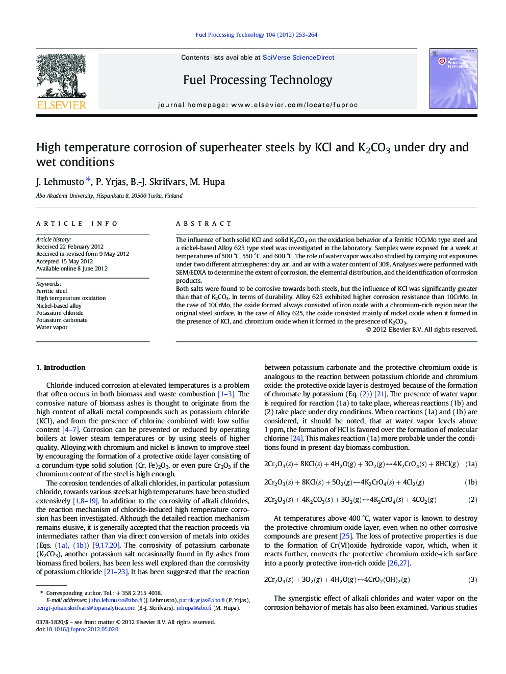 عکس صفحه اول مقاله: High temperature corrosion of superheater steels by KCl and K2CO3 under dry and wet conditions High temperature corrosion of superheater steels by KCl and K2CO3 under dry and wet conditions