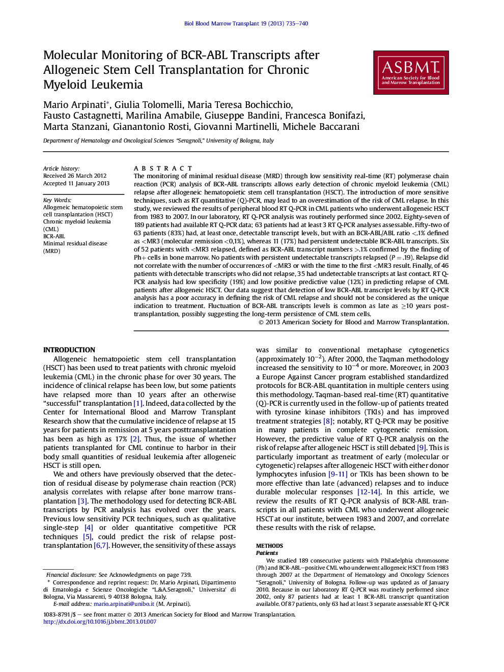 Molecular Monitoring of BCR-ABL Transcripts after Allogeneic Stem Cell Transplantation for Chronic Myeloid Leukemia 