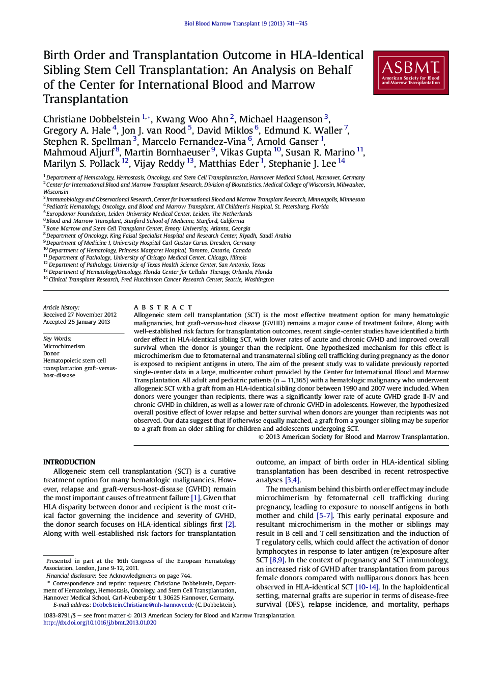 Birth Order and Transplantation Outcome in HLA-Identical Sibling Stem Cell Transplantation: An Analysis on Behalf of the Center for International Blood and Marrow Transplantation 