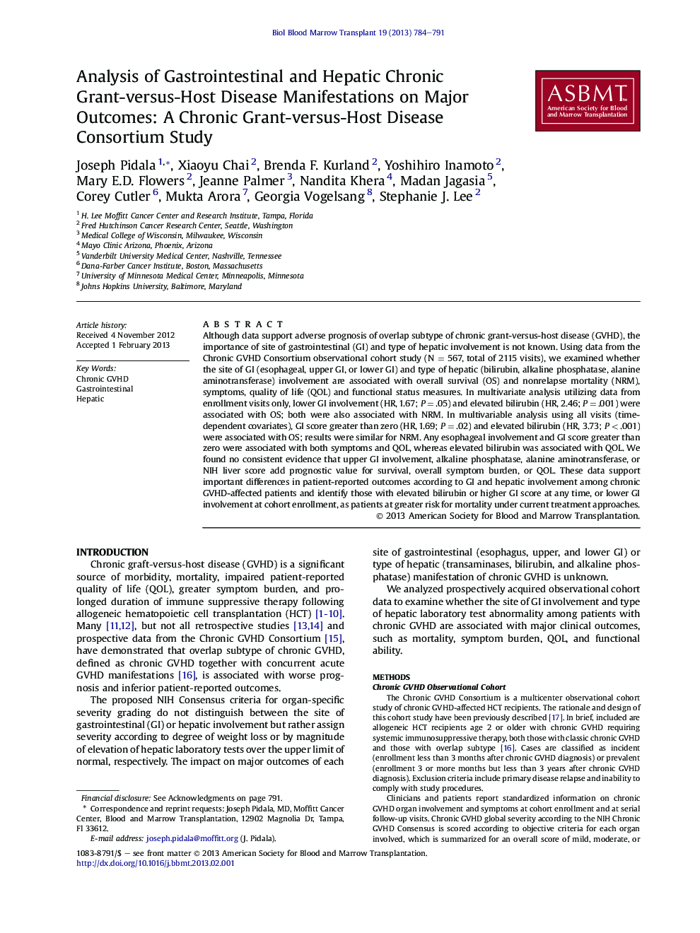 Analysis of Gastrointestinal and Hepatic Chronic Grant-versus-Host Disease Manifestations on Major Outcomes: A Chronic Grant-versus-Host Disease Consortium Study 