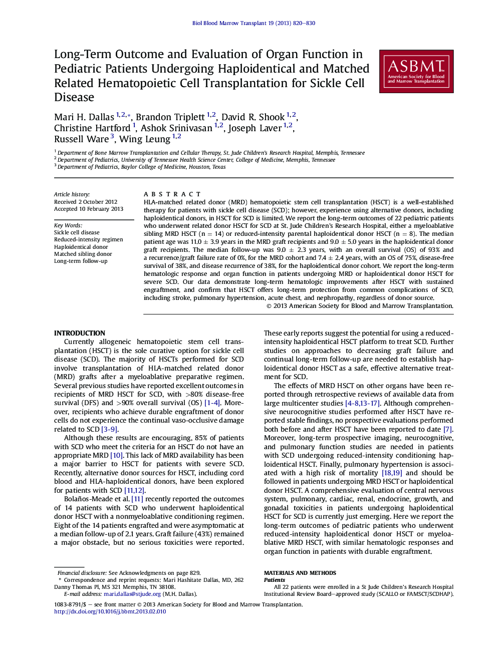 Long-Term Outcome and Evaluation of Organ Function in Pediatric Patients Undergoing Haploidentical and Matched Related Hematopoietic Cell Transplantation for Sickle Cell Disease 