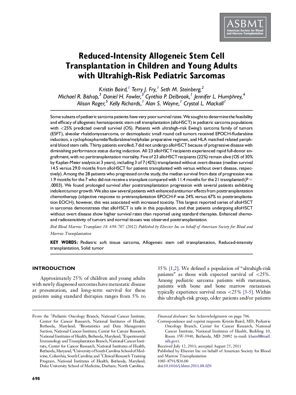 Reduced-Intensity Allogeneic Stem Cell Transplantation in Children and Young Adults with Ultrahigh-Risk Pediatric Sarcomas 