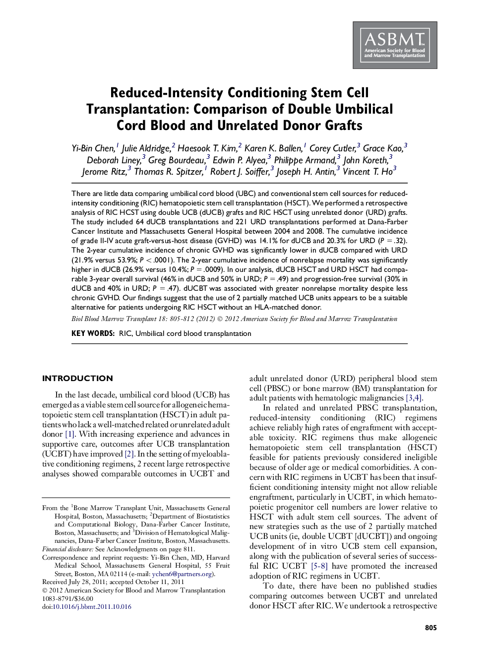 Reduced-Intensity Conditioning Stem Cell Transplantation: Comparison of Double Umbilical Cord Blood and Unrelated Donor Grafts 