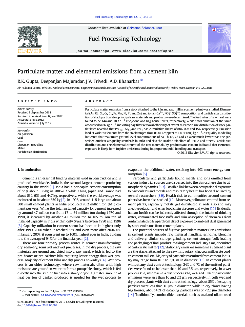 Particulate matter and elemental emissions from a cement kiln