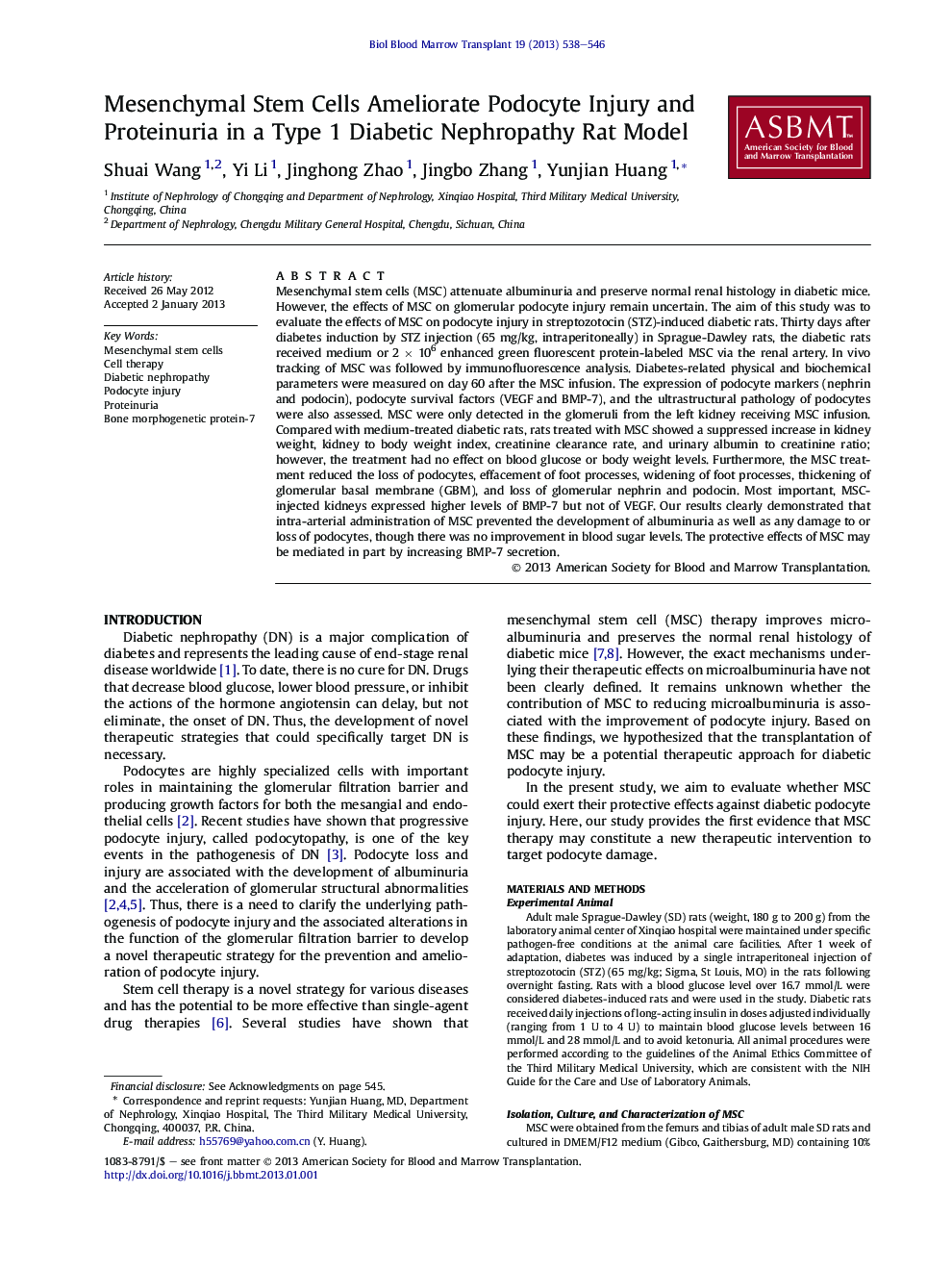 Mesenchymal Stem Cells Ameliorate Podocyte Injury and Proteinuria in a Type 1 Diabetic Nephropathy Rat Model 