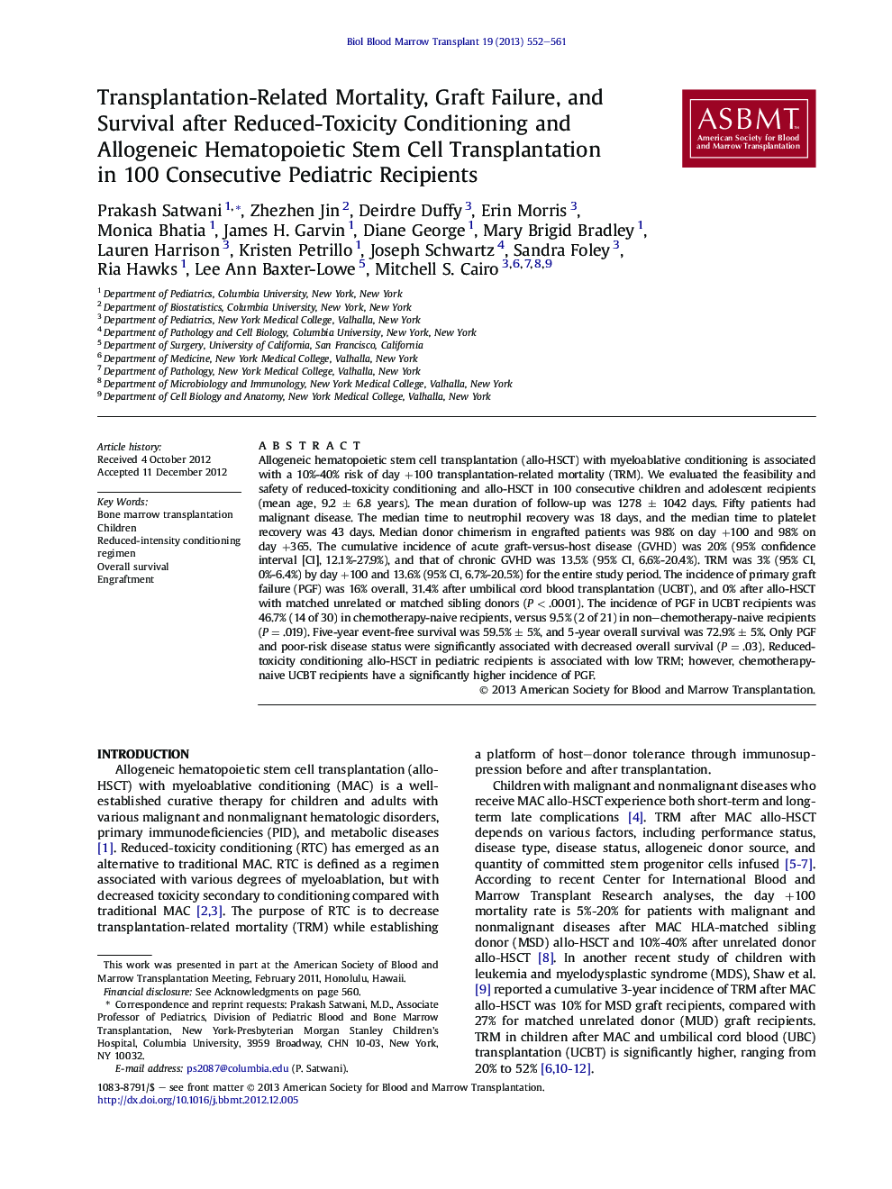 Transplantation-Related Mortality, Graft Failure, and Survival after Reduced-Toxicity Conditioning and Allogeneic Hematopoietic Stem Cell Transplantation in 100 Consecutive Pediatric Recipients 