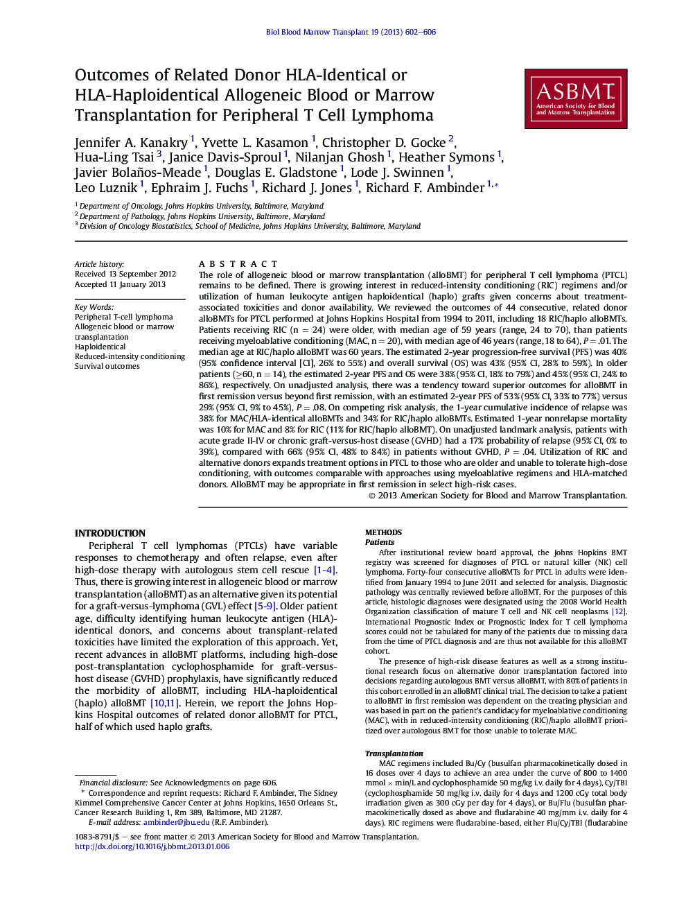 Outcomes of Related Donor HLA-Identical or HLA-Haploidentical Allogeneic Blood or Marrow Transplantation for Peripheral T Cell Lymphoma 