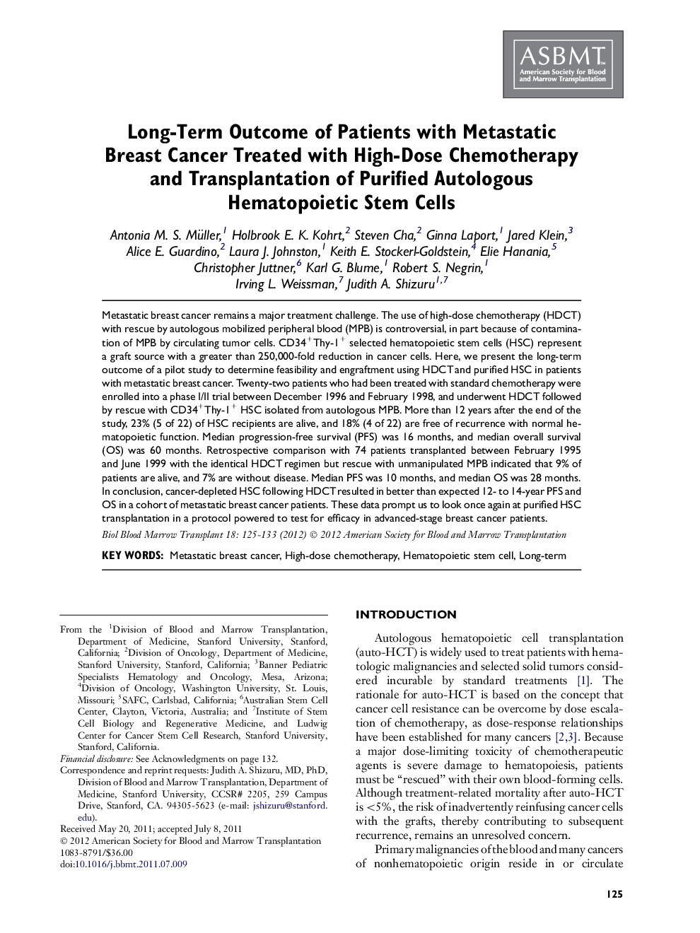 Long-Term Outcome of Patients with Metastatic Breast Cancer Treated with High-Dose Chemotherapy and Transplantation of Purified Autologous Hematopoietic Stem Cells 