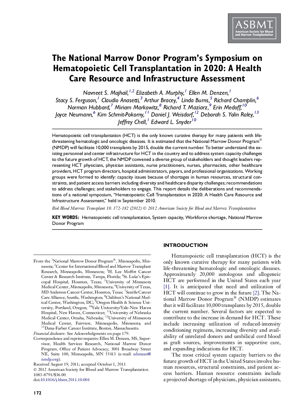 The National Marrow Donor Program’s Symposium on Hematopoietic Cell Transplantation in 2020: A Health Care Resource and Infrastructure Assessment 