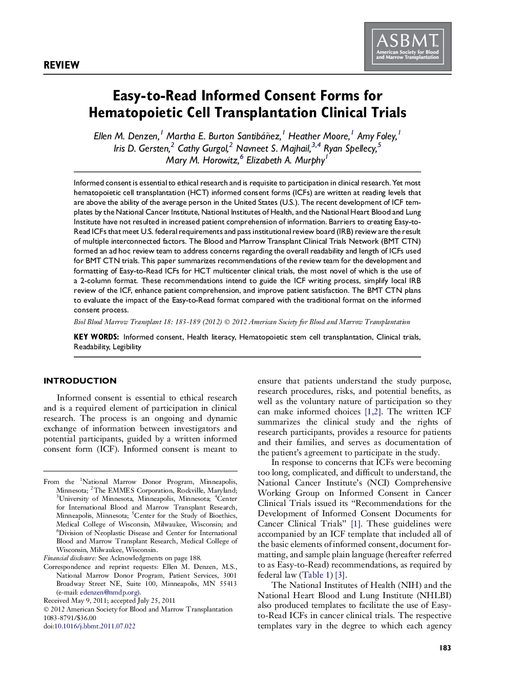 Easy-to-Read Informed Consent Forms for Hematopoietic Cell Transplantation Clinical Trials 