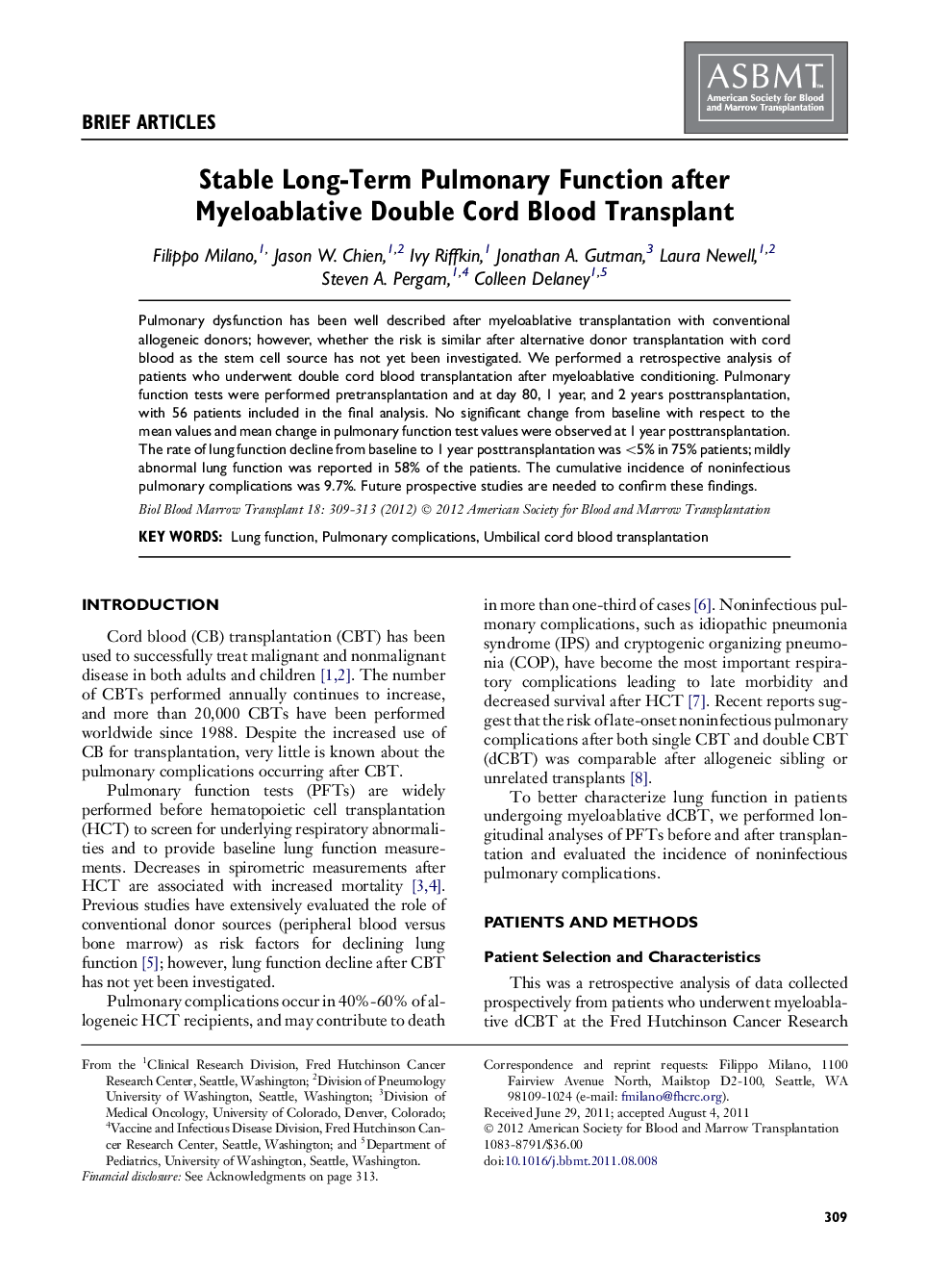 Stable Long-Term Pulmonary Function after Myeloablative Double Cord Blood Transplant 