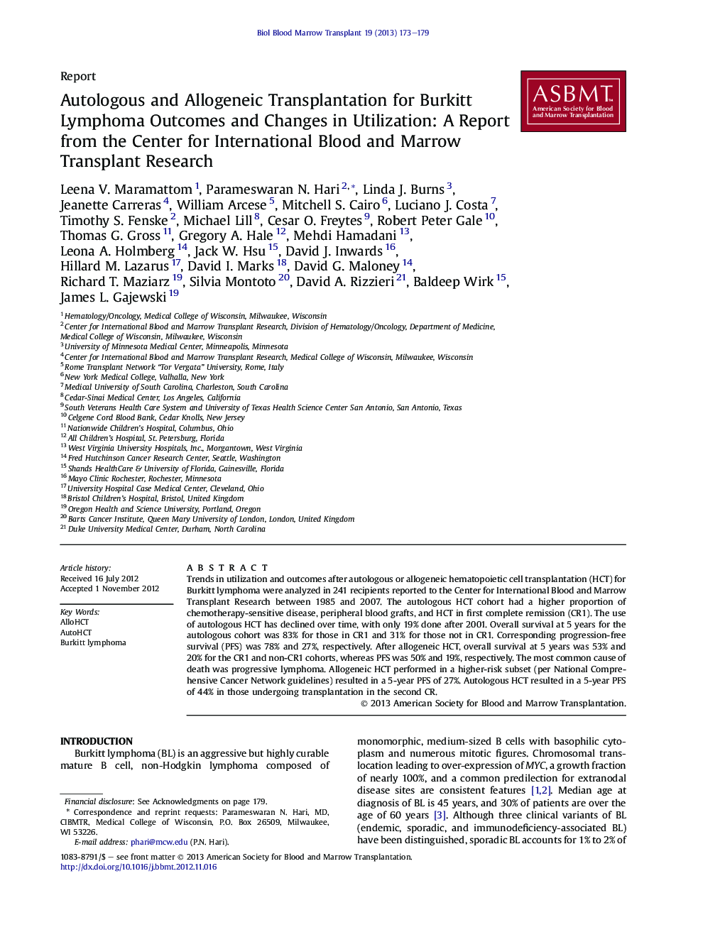 عکس صفحه اول مقاله: Autologous and Allogeneic Transplantation for Burkitt Lymphoma Outcomes and Changes in Utilization: A Report from the Center for International Blood and Marrow Transplant Research Autologous and Allogeneic Transplantation for Burkitt Lymphoma Outcomes and Changes in Utilization: A Report from the Center for International Blood and Marrow Transplant Research