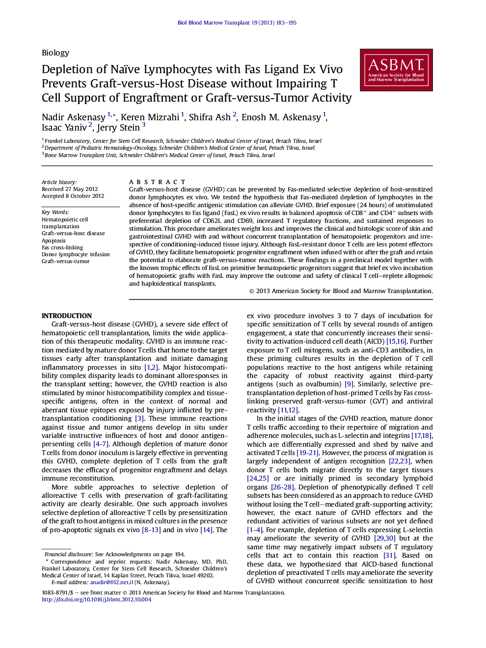 Depletion of Naïve Lymphocytes with Fas Ligand Ex Vivo Prevents Graft-versus-Host Disease without Impairing T Cell Support of Engraftment or Graft-versus-Tumor Activity 