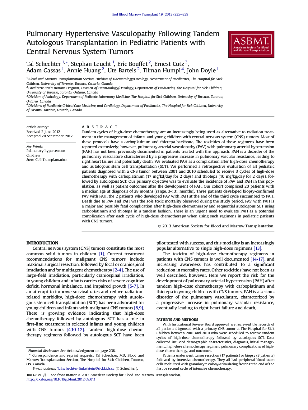 Pulmonary Hypertensive Vasculopathy Following Tandem Autologous Transplantation in Pediatric Patients with Central Nervous System Tumors 