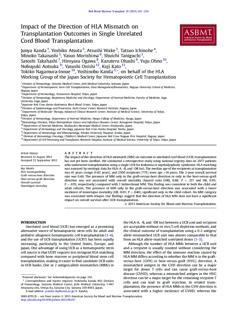 Impact of the Direction of HLA Mismatch on Transplantation Outcomes in Single Unrelated Cord Blood Transplantation 