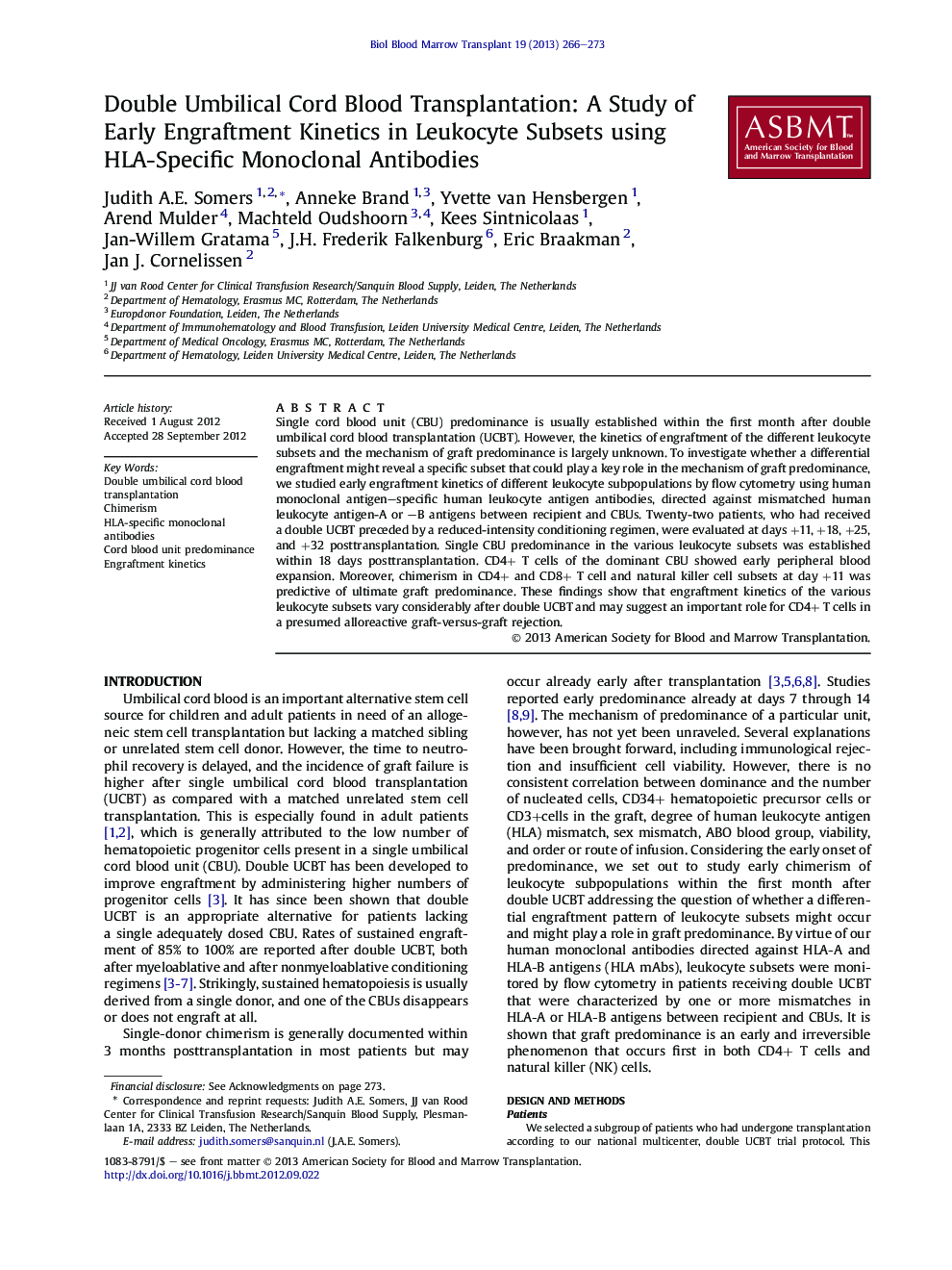 Double Umbilical Cord Blood Transplantation: A Study of Early Engraftment Kinetics in Leukocyte Subsets using HLA-Specific Monoclonal Antibodies 