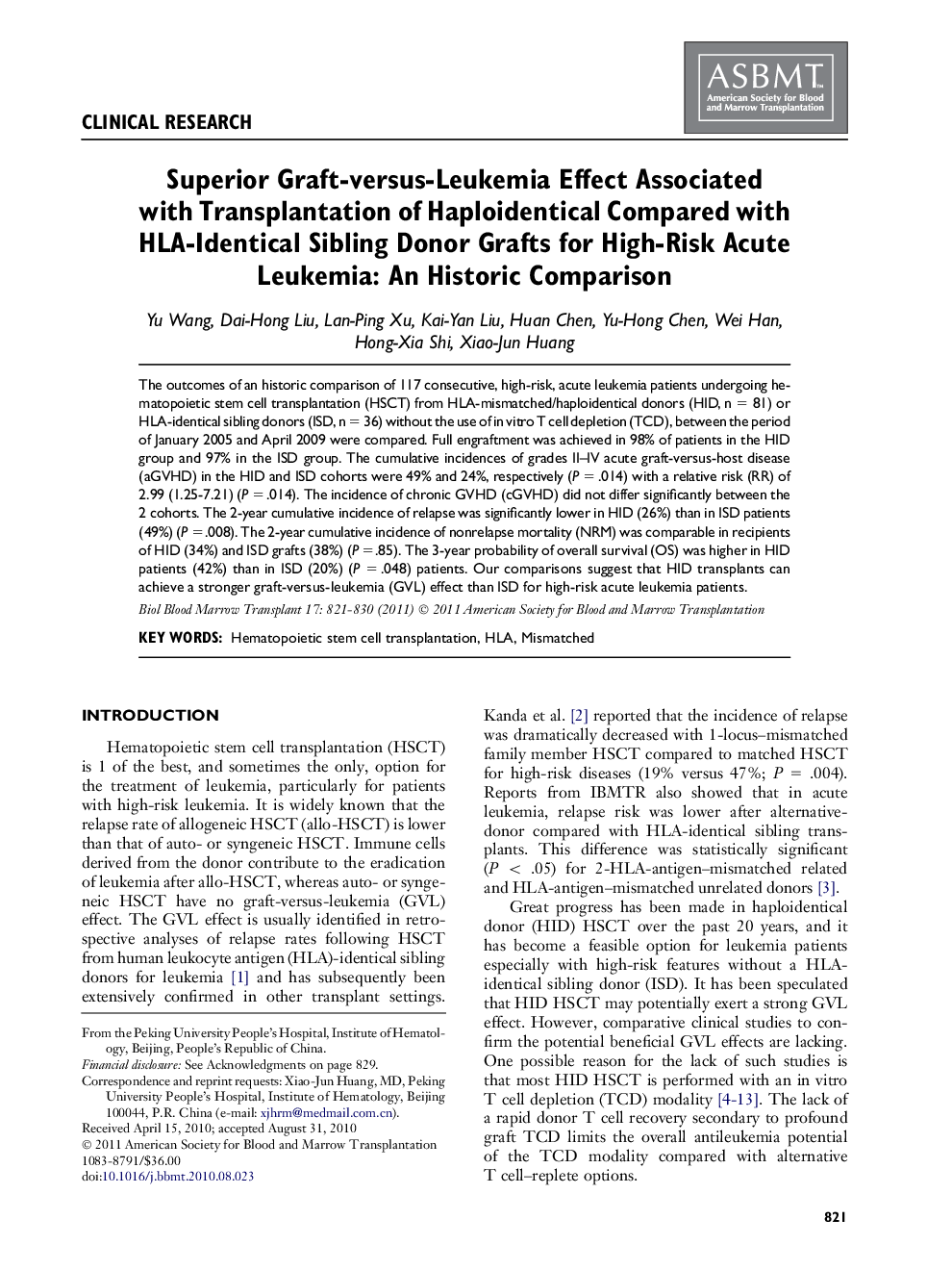 عکس صفحه اول مقاله: Superior Graft-versus-Leukemia Effect Associated with Transplantation of Haploidentical Compared with HLA-Identical Sibling Donor Grafts for High-Risk Acute Leukemia: An Historic Comparison Superior Graft-versus-Leukemia Effect Associated with Transplantation of Haploidentical Compared with HLA-Identical Sibling Donor Grafts for High-Risk Acute Leukemia: An Historic Comparison