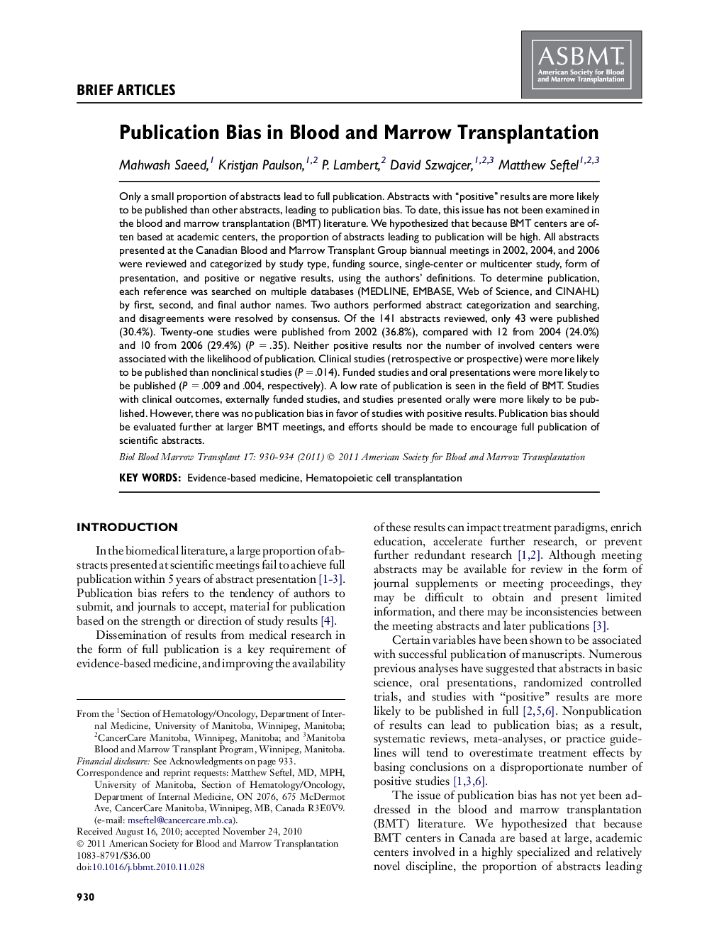 Publication Bias in Blood and Marrow Transplantation 