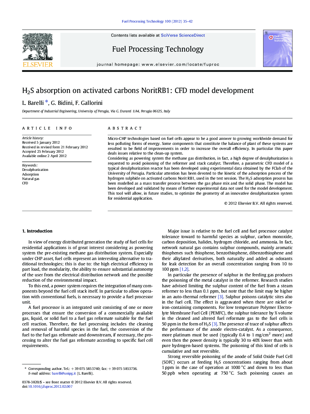 H2S absorption on activated carbons NoritRB1: CFD model development