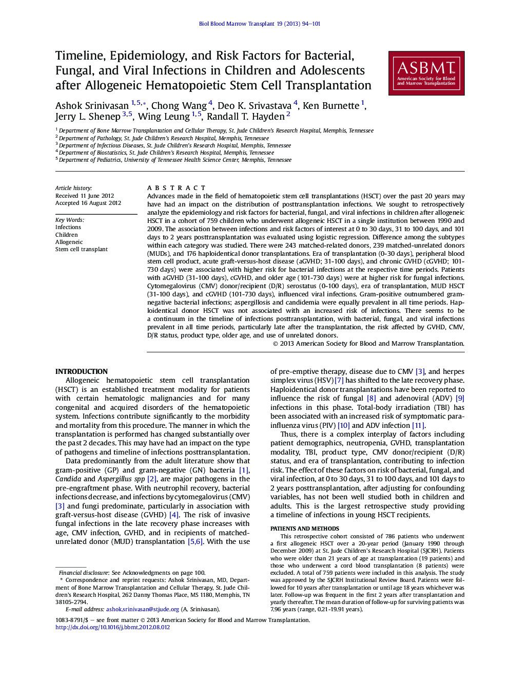 Timeline, Epidemiology, and Risk Factors for Bacterial, Fungal, and Viral Infections in Children and Adolescents after Allogeneic Hematopoietic Stem Cell Transplantation 