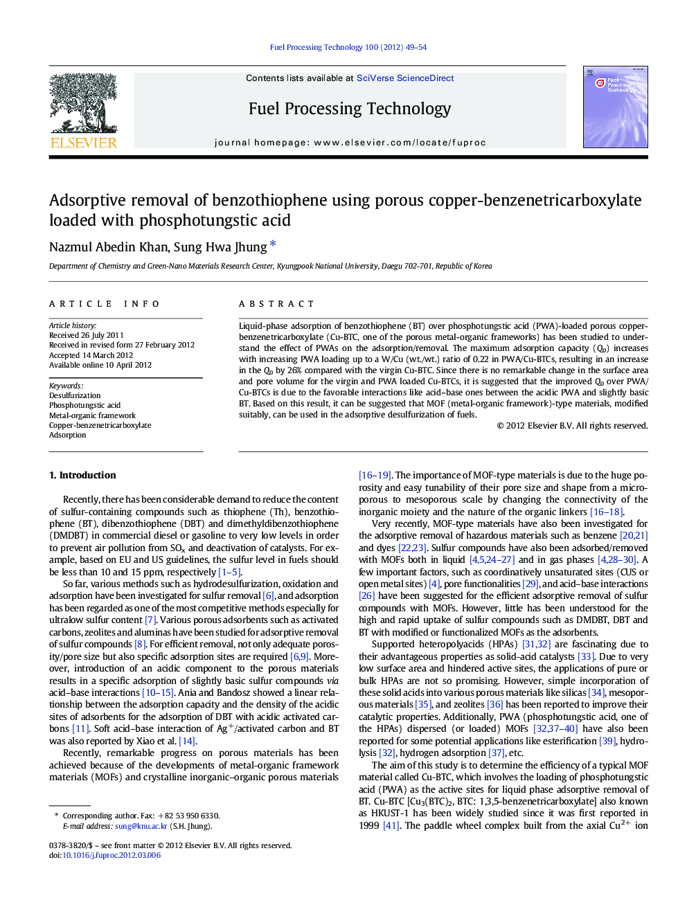 Adsorptive removal of benzothiophene using porous copper-benzenetricarboxylate loaded with phosphotungstic acid