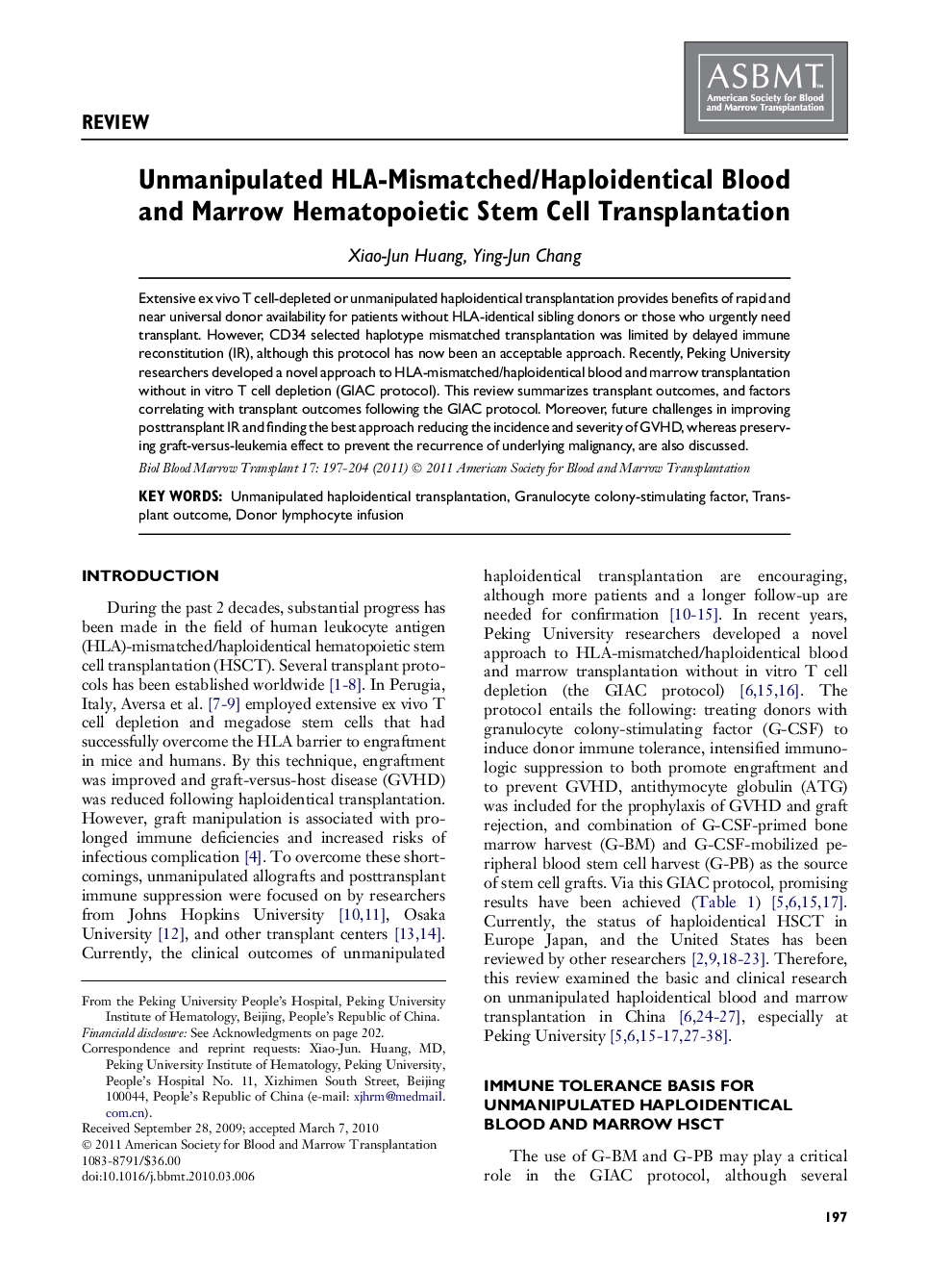 Unmanipulated HLA-Mismatched/Haploidentical Blood and Marrow Hematopoietic Stem Cell Transplantation 