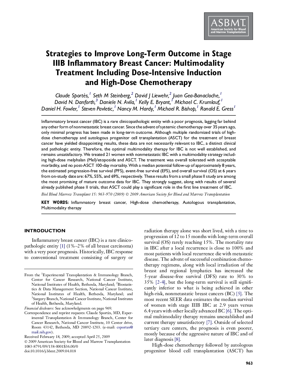 Strategies to Improve Long-Term Outcome in Stage IIIB Inflammatory Breast Cancer: Multimodality Treatment Including Dose-Intensive Induction and High-Dose Chemotherapy 