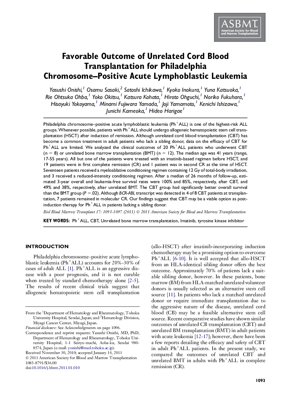 Favorable Outcome of Unrelated Cord Blood Transplantation for Philadelphia Chromosome–Positive Acute Lymphoblastic Leukemia 