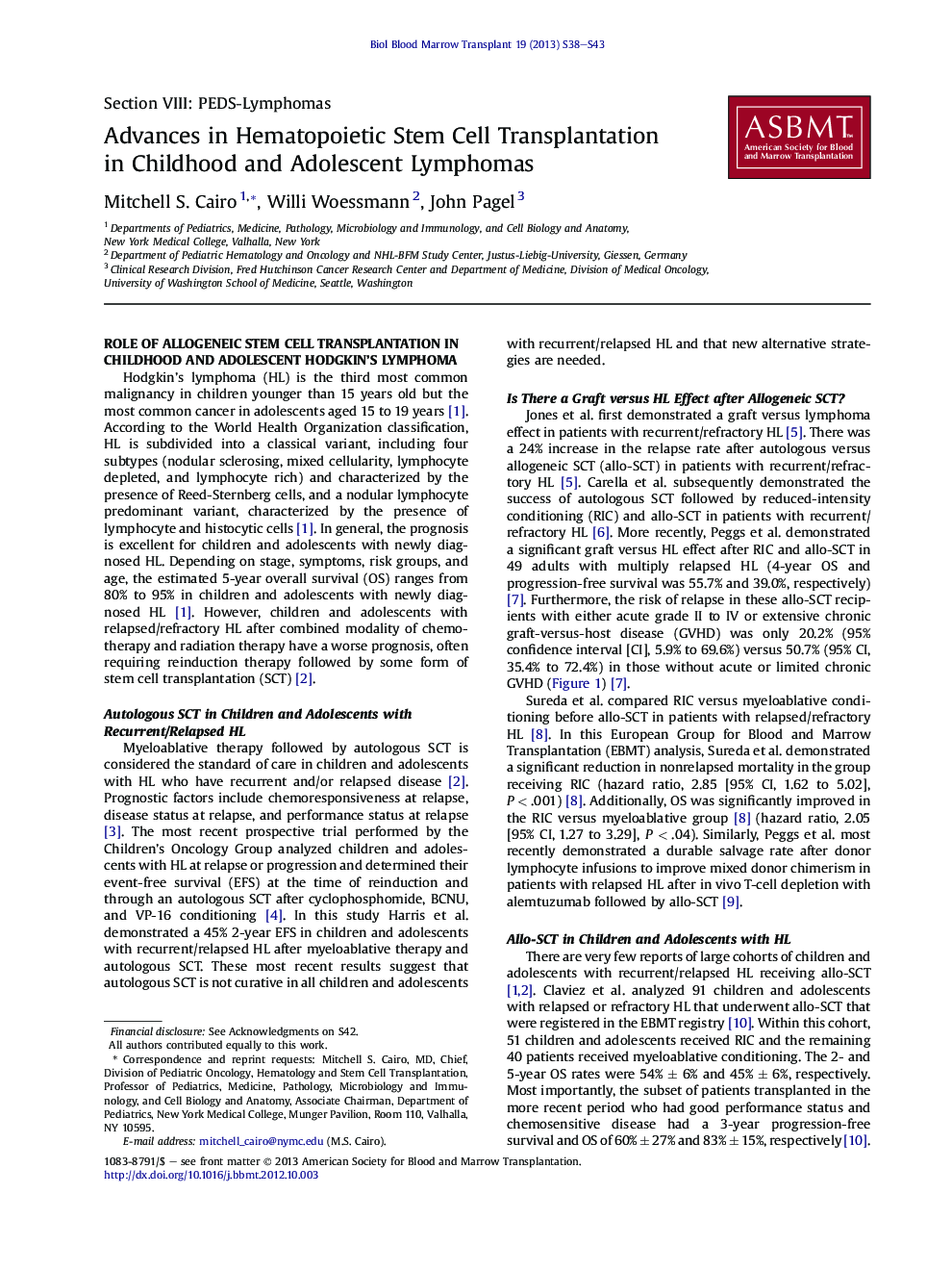 Advances in Hematopoietic Stem Cell Transplantation in Childhood and Adolescent Lymphomas