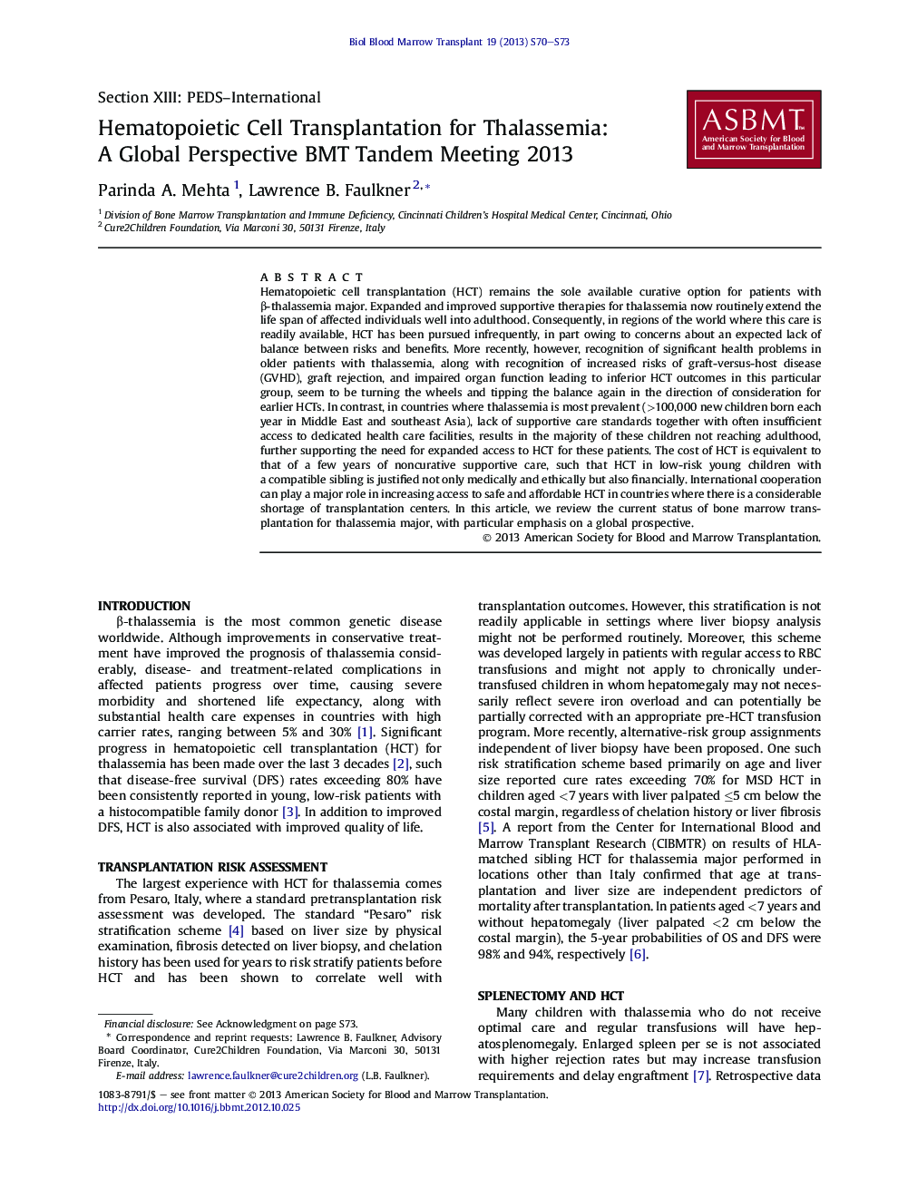 Hematopoietic Cell Transplantation for Thalassemia: A Global Perspective BMT Tandem Meeting 2013 