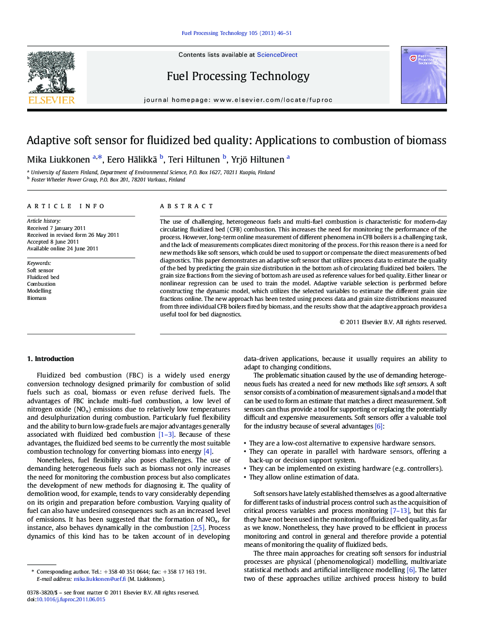 Adaptive soft sensor for fluidized bed quality: Applications to combustion of biomass