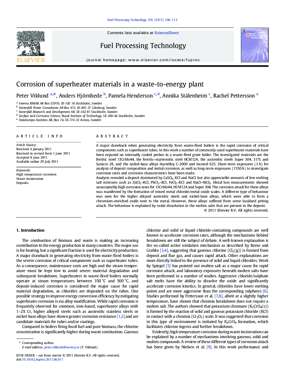 Corrosion of superheater materials in a waste-to-energy plant