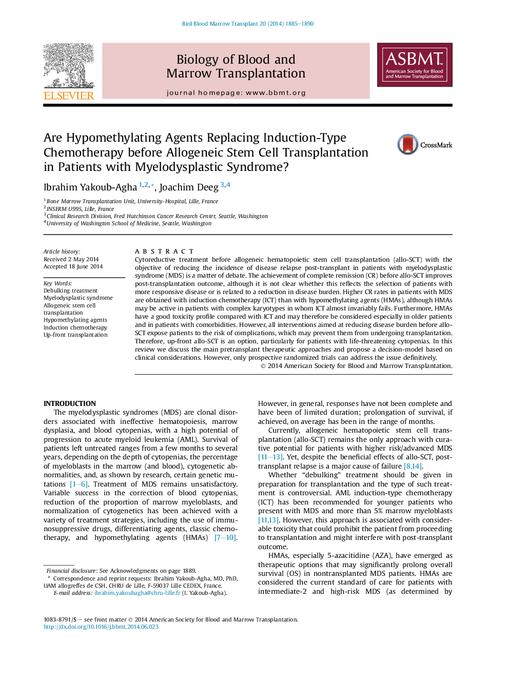 Are Hypomethylating Agents Replacing Induction-Type Chemotherapy before Allogeneic Stem Cell Transplantation in Patients with Myelodysplastic Syndrome? 