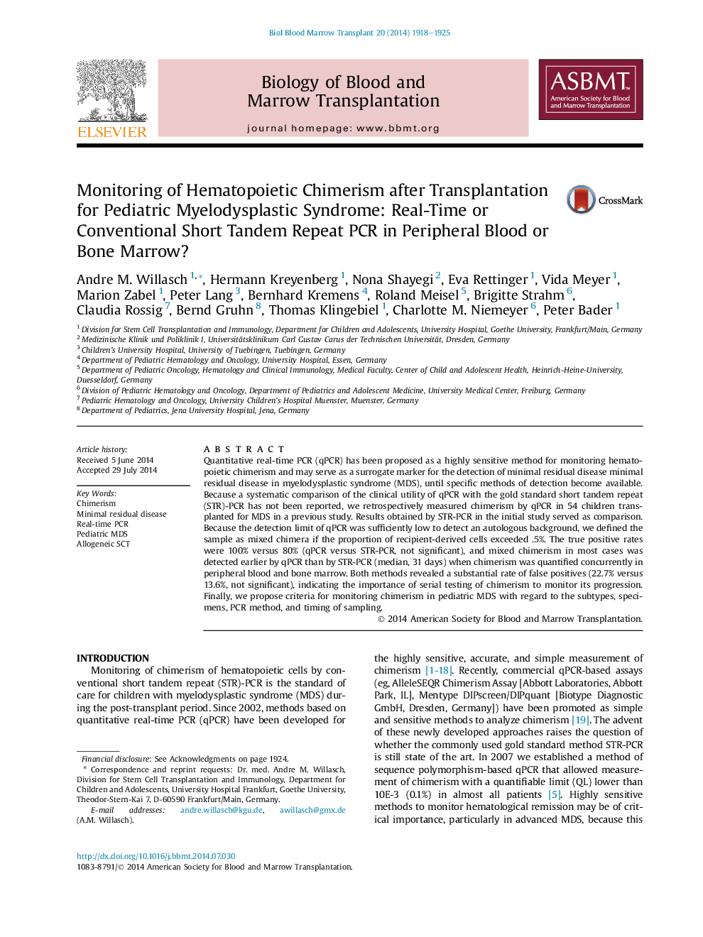 Monitoring of Hematopoietic Chimerism after Transplantation for Pediatric Myelodysplastic Syndrome: Real-Time or Conventional Short Tandem Repeat PCR in Peripheral Blood or Bone Marrow? 