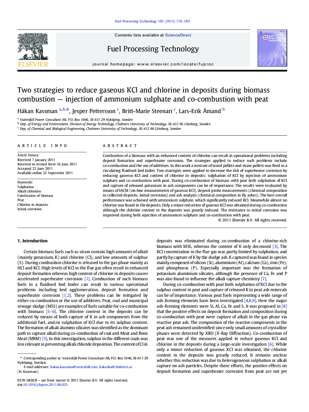 Two strategies to reduce gaseous KCl and chlorine in deposits during biomass combustion — injection of ammonium sulphate and co-combustion with peat