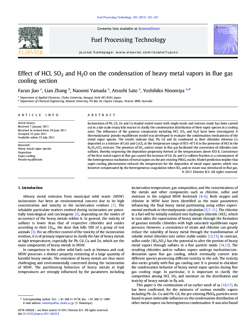 Effect of HCl, SO2 and H2O on the condensation of heavy metal vapors in flue gas cooling section