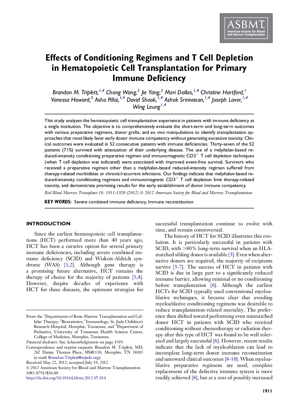 Effects of Conditioning Regimens and T Cell Depletion in Hematopoietic Cell Transplantation for Primary Immune Deficiency 