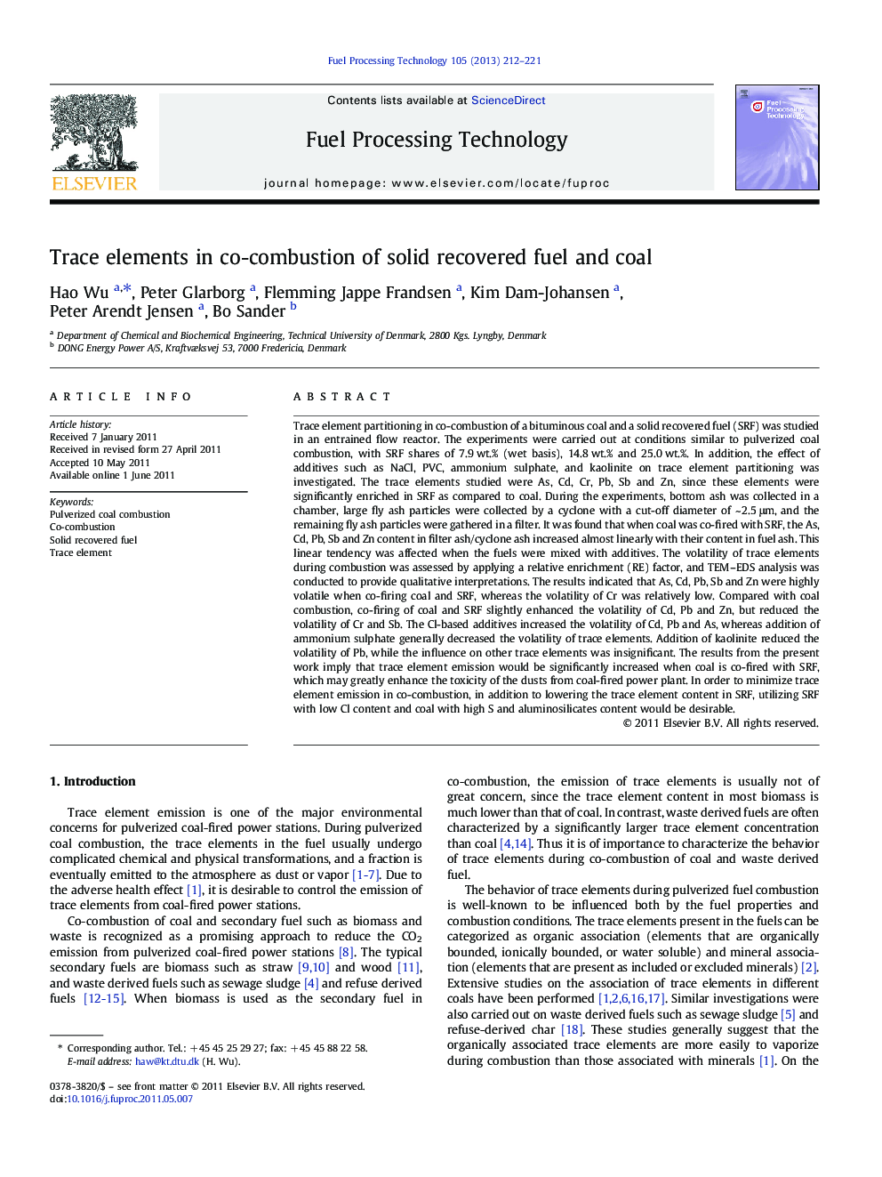 Trace elements in co-combustion of solid recovered fuel and coal